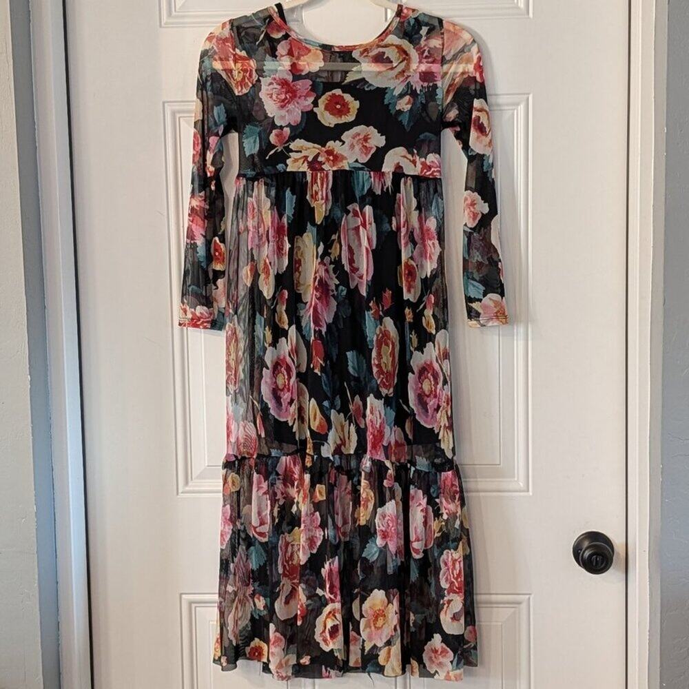 Girls Dark Floral Mesh Overlay Tiered Dress Black Size M 7/8 Cottagecore